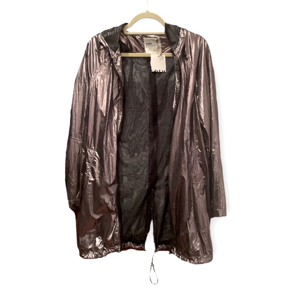ZARA Raincoat- xs, metallic silver, net lining, pockets, adjustable